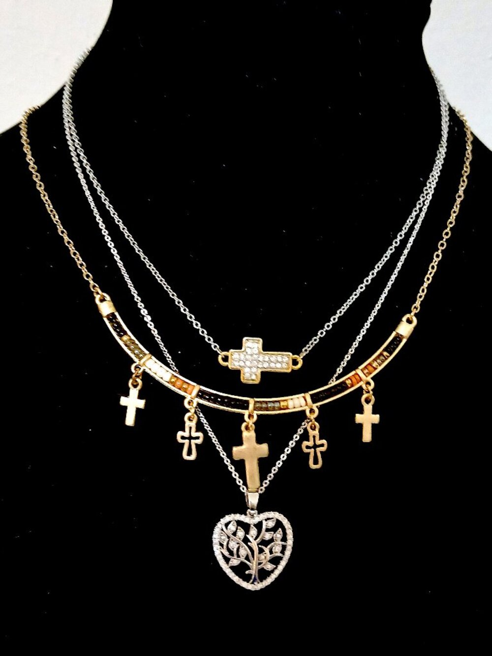 3 Piece Costume Jewelry Necklace Lot Cross Charms Heart Tree of Life Gold Silver